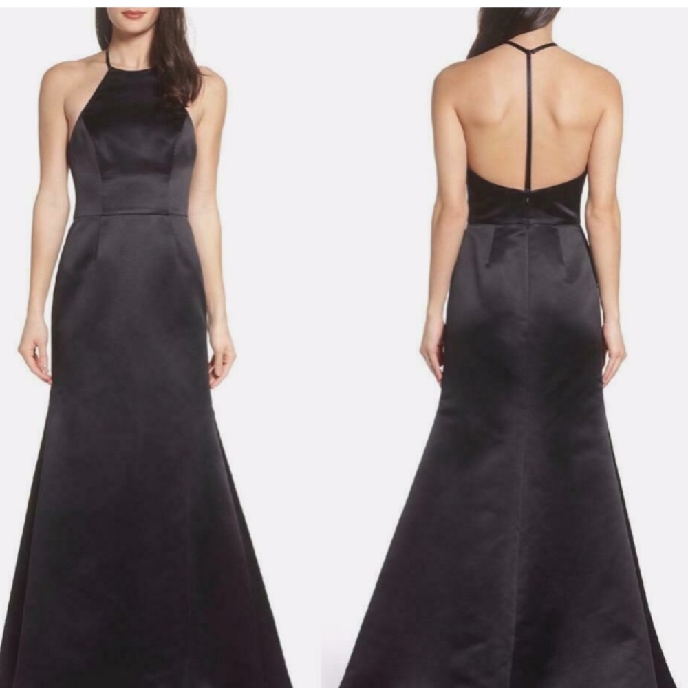 NWOT Hailey Paige Black Satin Halter Trumpet Gown, Size 12